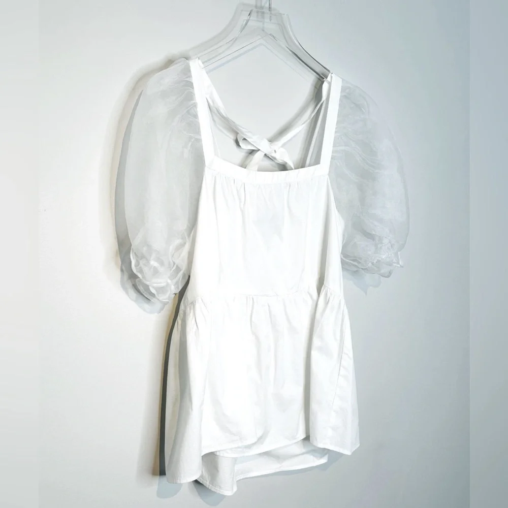 Tuckernuck Pomander Place Tinsley Organza Puff Sleeve White Top Shirt Blouse L - Picture 3 of 12